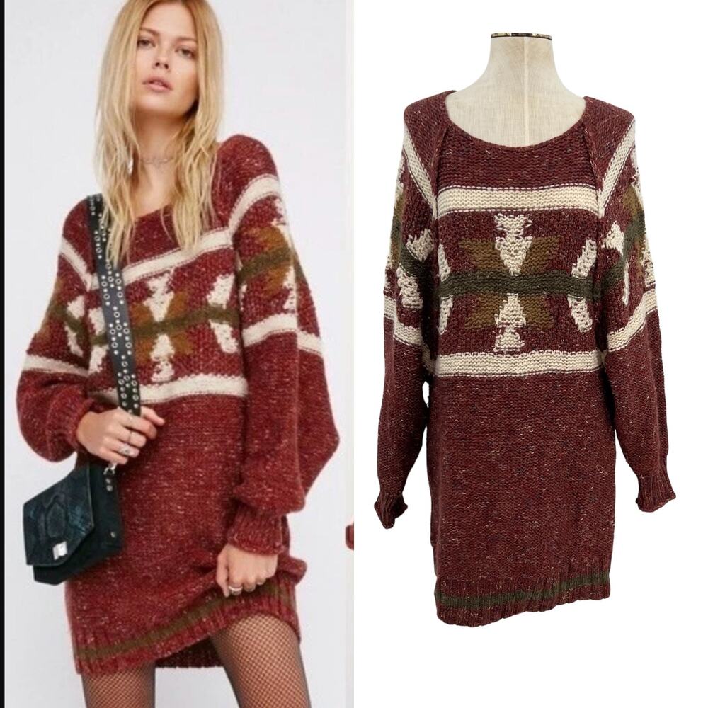 Free People Northern Lights Sweater Mini Dress Boho Knit Red Size XS